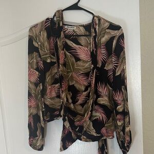 Billabong Black Tie-Front Tropical Blouse with Pink & Olive Leaves
